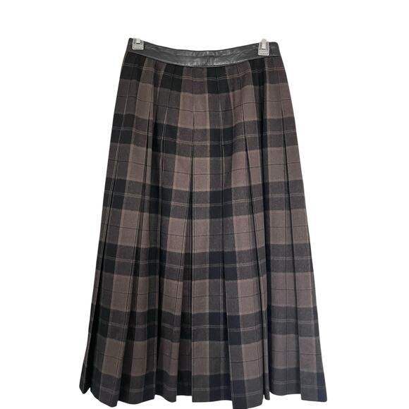 Escada Brown Black Plaid Wool Pleated Leather Belt Midi Kilt Skirt Size 38/ US M - Picture 5 of 12